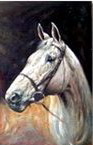Imaginea 3. Portret de cal bust pictură în ulei pe fond scenic
