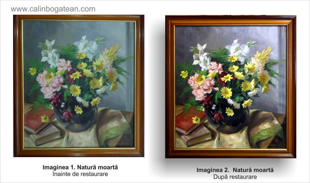Restaurare tablou natură moartă cu flori galbene roz și albe în vas și cărți