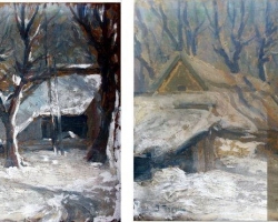 Restaurare pictură în ulei pe carton pictură românească tablou iarna